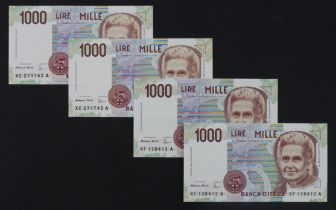 Italy 1000 Lire (4) dated 1990, two consecutively numbered pairs of REPLACEMENT notes, serial