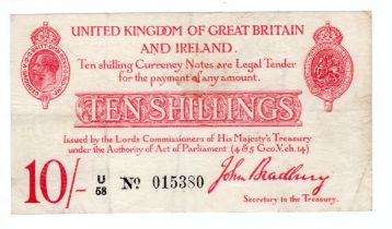 Bradbury 10 Shillings (T13.1) issued 1915, serial U/58 015380 (T13.1, Pick348a) light dirt, original