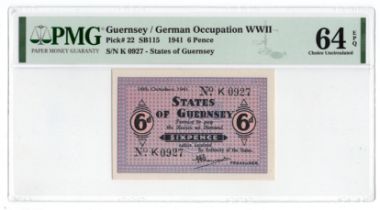 Guernsey 6 Pence dated 16th October 1941, German Occupation issue during WW2, serial K0927 (TBB