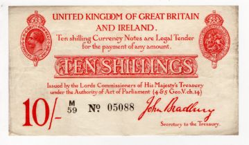 Bradbury 10 Shillings (T12.1) issued 1915, 5 digit serial number M/59 05088 (T12.1, Pick348a)