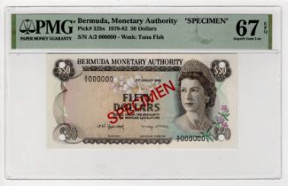 Bermuda SPECIMEN 50 Dollars dated 2nd January 1982, diagonal overprint 'SPECIMEN' in red on both