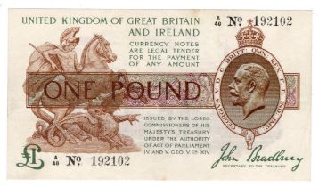 Bradbury 1 Pound (T16) issued 1917, FIRST SERIES serial A/40 192102 (T16, Pick351) light brown