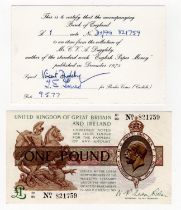 Warren Fisher 1 Pound (T31) issued 1923, serial D1/99 821759 (T31, Pick359a) with certificate signed