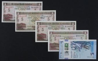 Northern Ireland, Ulster Bank Limited 5 Pounds (5) dated 1993, 1998, 2001, 2007 & 2018 polymer all