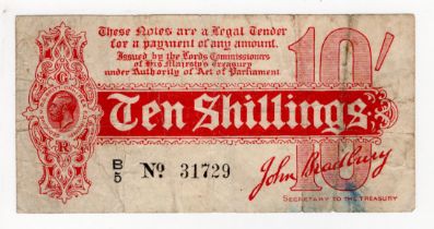 Bradbury 10 Shillings (T10) issued 1914, Royal Cypher watermark, serial B/5 31729, No. with dot (