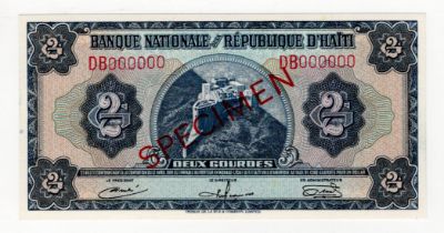 Haiti 2 Gourdes Law 1919, SPECIMEN note serial DB000000 (Pick191s) Uncirculated