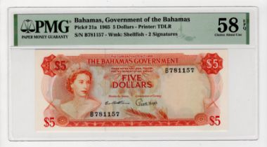 Bahamas 5 Dollars dated 1965, Queen Elizabeth II portrait at left, serial B781157 (TBB B120a,