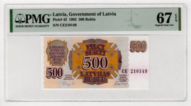 Latvia 500 Rubli dated 1992, serial CE210149 (TBB B223a, P42) in PMG holder graded 67 EPQ Superb Gem
