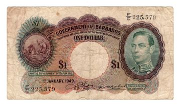 Barbados 1 Dollar dated 1st January 1949, portrait King George VI at right, serial F/C 225,579 (