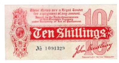 Bradbury 10 Shillings (T9) issued 1914, Royal Cypher watermark with 'TAGE' also seen in watermark