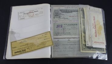 Cheques (95), collection in an album including a California Bank Hollywood 15 Dollars signed by