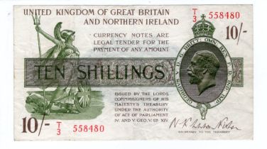 Warren Fisher 10 Shillings (T33) issued 1927, serial T/3 558480, Great Britain & Northern Ireland