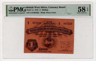 British West Africa 1 Shilling dated 30th November 1918, serial C/9 867522 (TBB B105a, Pick1a) in
