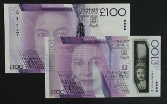 Gibraltar 100 Pounds (2) dated 21st August 2015, new POLYMER issue, LOW serial C001279 (TBB B135,
