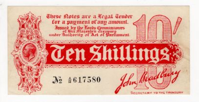 Bradbury 10 Shillings (T9) issued 1914, Royal Cypher watermark, serial A/13 617580 No. with dot (T9,