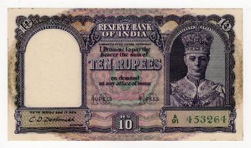 India 10 Rupees issued 1943, King George VI portrait at right, signed C.D. Deshmukh, serial A/91