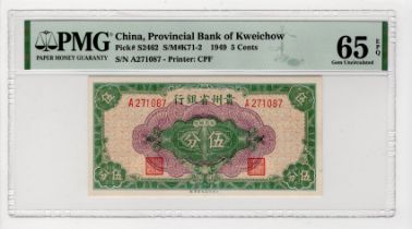 China 5 Cents dated 1949, Provincial Bank of Kweichow, serial A271087 (PickS2462) in PMG holder