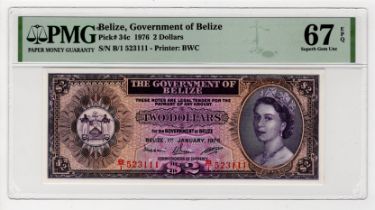 Belize 2 Dollars dated 1st January 1976, Queen Elizabeth II portrait at right, serial B/1 523111 (