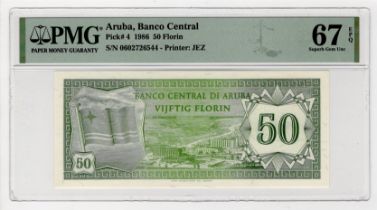 Aruba 50 Florin dated 1986 serial no. 0602726544 (TBB B104, Pick4) in PMG holder graded 67 EPQ