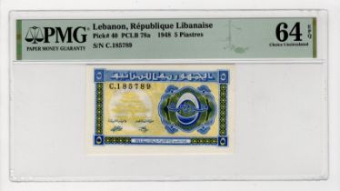 Lebanon 5 Piastres dated 12th January 1948, serial C.185789 (TBB B307a, Pick40) in PMG holder graded