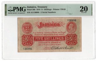 Jamaica 5 Shillings dated 1918 signed Issacs, serial A/5 36086 (TBB B102b, Pick28b) in PMG holder