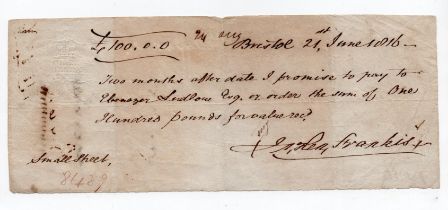 Promissory note number 8489 for £100 payable to Ebeneezer Ludlow, signed Mr. Frankis dated 21st June