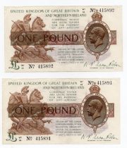 Warren Fisher 1 Pound (T34) issued 1927 (2), rarer Great Britain & Northern Ireland issue, a