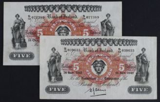 Northern Ireland, Bank of Ireland 5 Pounds (2) dated 16th September 1942 and 16th October 1942,