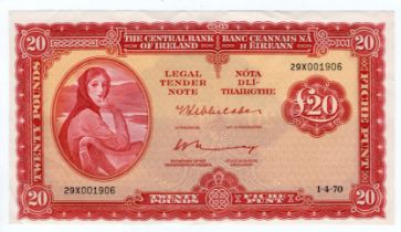 Ireland Republic 20 Pounds dated 1st April 1970, Lady Lavery portrait at left, serial 29X001906 (PMI