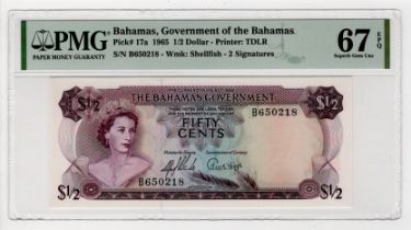 Bahamas 50 Cents (1/2 Dollar) dated Law 1965, serial B650218 (TBB B116a, Pick17a) in PMG holder