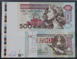 Test Note, 500 Francs Monaco and 200 Lire San Marino (not legal tender), private essay security