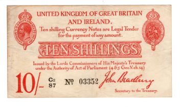 Bradbury 10 Shillings (T12.3) issued 1915, LAST RUN 'C2' prefix, 5 digit serial number C2/87