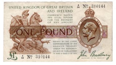 Bradbury 1 Pound (T16) issued 1917, FIRST SERIES serial A/54 310144 (T16, Pick351) rippled paper,