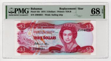 Bahamas 3 Dollars dated 1974, signed William C. Allen, REPLACEMENT note serial Z004051 (TBB