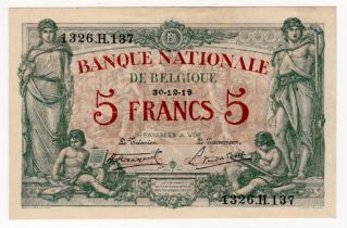 Belgium 5 Francs dated 30th December 1919, serial 1326.H.137 (TBB B535c, Pick75b) very light signs