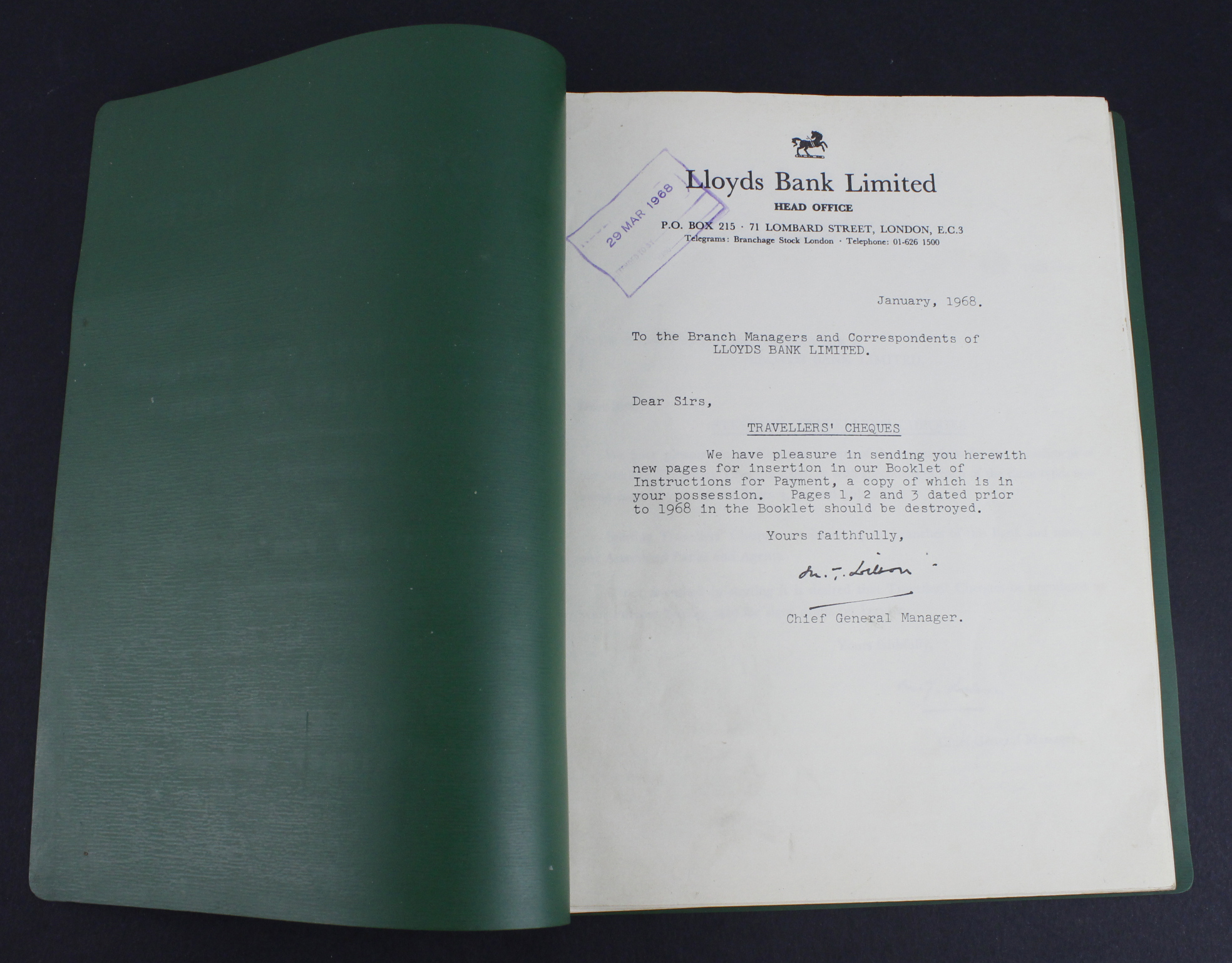 Lloyds Bank, a Booklet of Instructions for Payment of Sterling Travellers Cheques and World