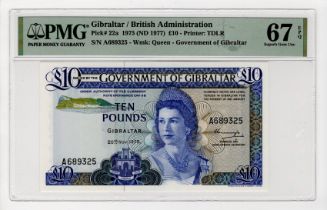 Gibraltar 10 Pounds dated 20th November 1975, rarer date, serial A689325 (TBB B120a, Pick22a) in PMG