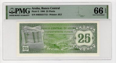 Aruba 25 Florin dated 1986 serial no. 0403531713 (TBB B103, Pick3) in PMG holder graded 66 EPQ Gem