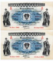 Northern Ireland, Bank of Ireland 1 Pound (2) dated 14th July 1943, signed H.J. Adams, a