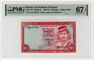 Brunei 10 Ringgit dated 1986, serial A/18 107316 (TBB B108d, Pick8b) in PMG holder graded 67 EPQ