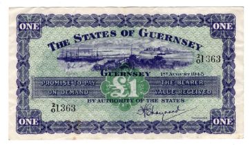 Guernsey 1 Pound dated 1st August 1945, scarce first date of issue, 2/O 1363 (TBB B148a, Pick43a)