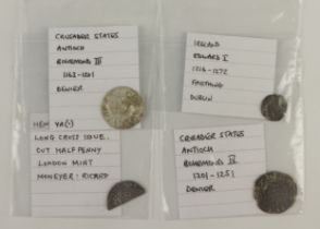 Hammered silver (4): 2x Crusader Pennies of Antioch: Bohemond III cleaned aVF, and Bohemond IV toned