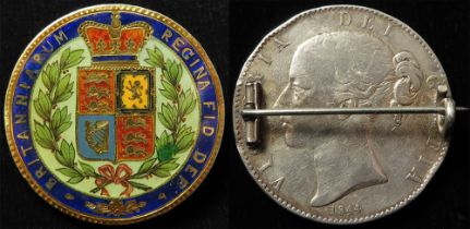 Enamelled Coin Brooch: GB Queen Victoria young head silver Crown 1844 cinquefoils Fine with a brooch