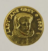 British Commemorative Medalet, hallmarked 22ct gold, d.13mm, 3.13g: Lady Jane Grey 1553 (20thC