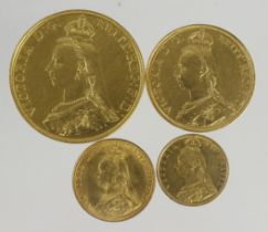 Queen Victoria Jubilee 1887 4x gold coins, circulation strikes: £5 ex-mount GVF hairlines and