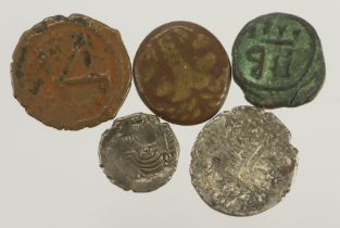 Ancient Coins (5) 2x silver, 3x copper/bronze, Greek, Persian, Byzantine and Indian.