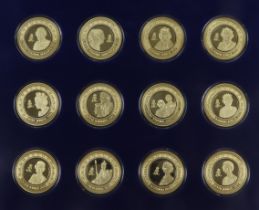 In Memor. Queen Elizabeth II, set of 12x gilt copper medals, cased with cert by (? - a European