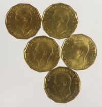 Brass 3ds (5) 1937, 38, 40, 41 & 1942. Unc with virtually full lustre. The 1938 & 1940 scarce in