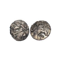 Celtic Britain(?) silver unit, 13mm, 1.28g; seems to be a variant of the Iceni, 'Bury Head' type