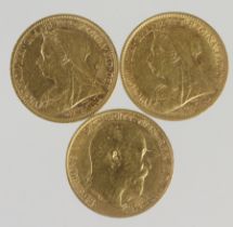 Half Sovereigns (3): 1899 GF scratched, 1898 GF, and 1903 ex-mount Fine.